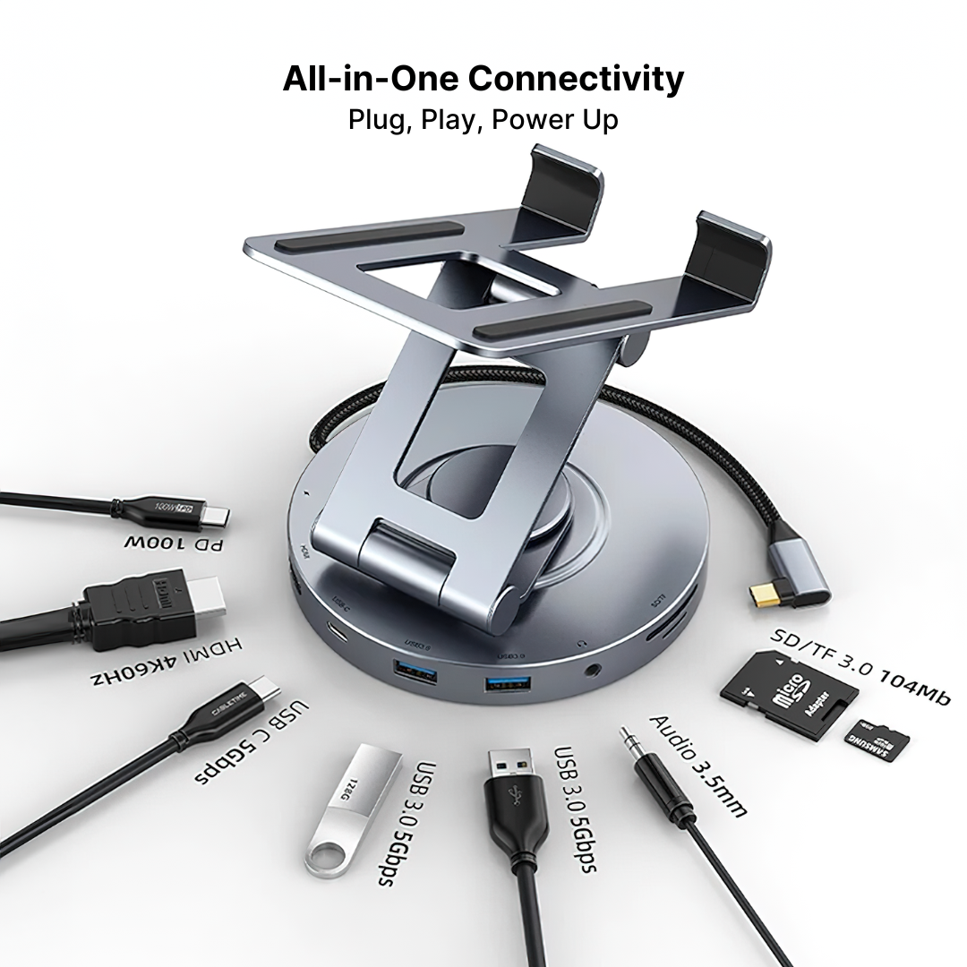 Aluminum 8-in-1 USB-C Hub with Foldable 360° Rotatable Stand and 4K HDMI